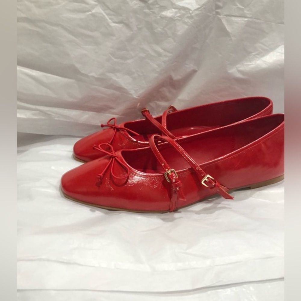 Aldo red crinkled patent bow double strap square‎ toe ballet flats size 10 new
